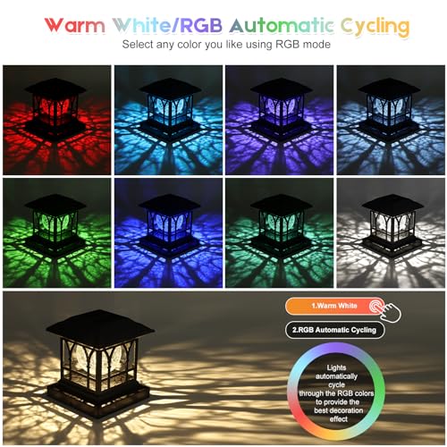 Fence Post Solar Lights, Crackle Glass Solar Post Cap Lights, 20 Lumens, Warm White & RGB Automatic Cycling 2 Modes for 3.6x3.6 4x4 4.5x4.5 5x5 Vinyl Wooden Posts Decoration, Black (1 Pack) - color: Black, size: 1 Pack
