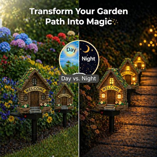 Solar Fairy House Lights Outdoor, 2 Pack Waterproof Decorative Garden Pathway Lights, Hand-Painted Resin Cottage Garden Decor for Yard Lawn Patio, Unique Gift for Women Garden Lovers - style: Modern