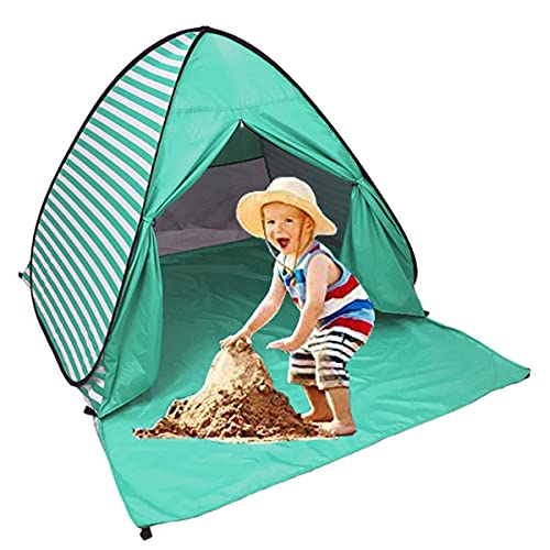 Pop Up Beach Tent Shade Sun Shelter UPF 50+ Canopy Cabana 2-3 Person for Adults Baby Kids Outdoor Activities Camping Fishing Hiking Picnic Touring (Lake Green Stripes) - color: Lake Green Stripes