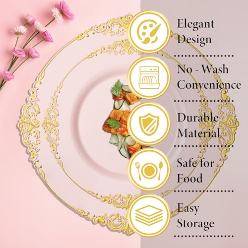 Nervure 350PCS Pink Plastic Plates - Pink Plastic Dinnerware Sets for 50 Guests - 100 Disposable Plates, 150 Gold Silverware, 50 Cups, 50 Napkins Perfect for Wedding & Party & Mothers Day - color: Pink