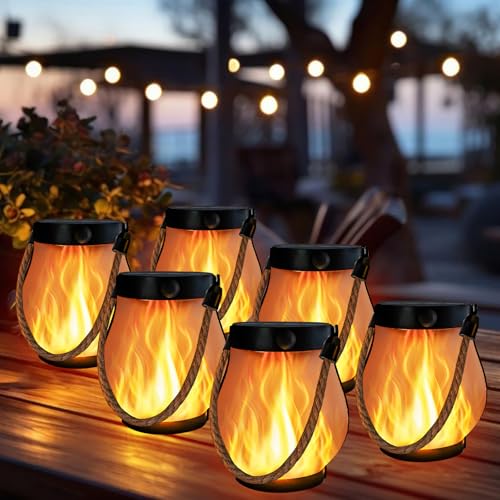 6 Pack Gen2 Solar Lanterns Outdoor Waterproof, Solar Lantern with Dancing Flame, 2 Lighting Modes, Dual Charging USB & Solar, Solar Outdoor Lights with Rope Handle for Camp Garden Tree Tabletop Decor - size: 6 PK