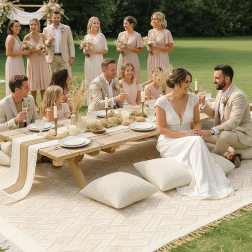 Beeveer Extra Large Outdoor Boho Picnic Blanket 91'' x 71'' Beige White Table Runner 6 Throw Pillow Cover Woven Cotton Yarn Oversize Beach Blanket Washable for Picnic Camp Wedding - color: Beige White, size: Fit 4-6 People 91'' X 71''