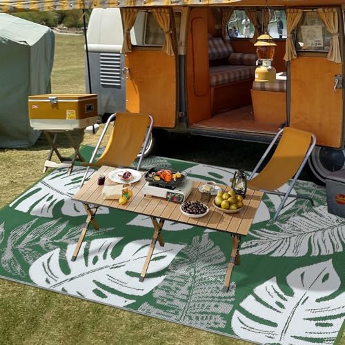 GarveeLife Outdoor Patio Rug 9x12 Waterproof Outdoor Plastic Straw Rug, UV Resistant Reversible RV Camping Mat with Portable Bag & 4 Stakes, Modern Carpet for Balcony Deck Yard, Green - color: Leaf|green&white, size: 9' x 12' (Rectangular)