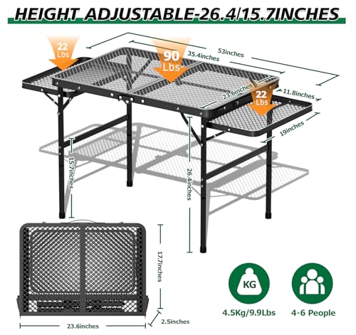 Folding Camping Table with 2 Extra Desktop, Height Adjustable Portable Grill Table, Metal Outdoor Grill Table for Outside, Camping Cooking Tables for Picnic, BBQ, 53.14 x 26.6 x 23.6 inches Large Size - style: 26.6"H Grill Table