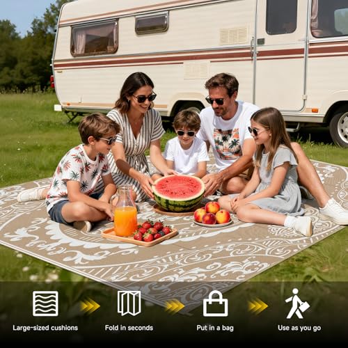 Pauwer Waterproof Outdoor Rug 6x9, Reversible Plastic Straw Patio Camping Rug, Indoor Outdoor RV Mat Carpet for Deck, Camper, Porch, Balcony, Backyard, Picnic, Paisley Brown - color: Paisley Brown, size: 6' x 9' (Rectangular)