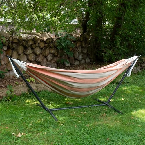 Vivere Double Sunbrella Hammock with Space-Saving Steel Stand, Heavy-Duty Portable Outdoor Hammock Set for Backyard, Patio, or Travel, Cameo - color: Cameo