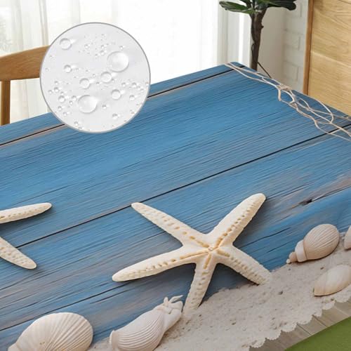 52x70 Inch Tablecloth Starfish Seashell, Beach Seashells Fishnet Rustic Wood Non-Fading Table Covers Kitchen Dinning Tabletop Decoration, Washable Table Cloth for Outdoor and Indoor Use - color: Starfish Seashell