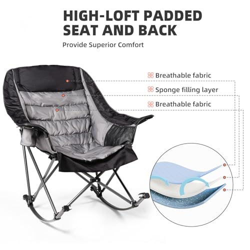 Oversized Rocking Camping Chair for Adults - 400lbs Capacity Padded Camp Chair with Cup Holder, Portable Foldable Outdoor Rocker Chair for Camping, Backyard, Patio (Black & Gray) - color: Black & Gray, size: 1 PCS