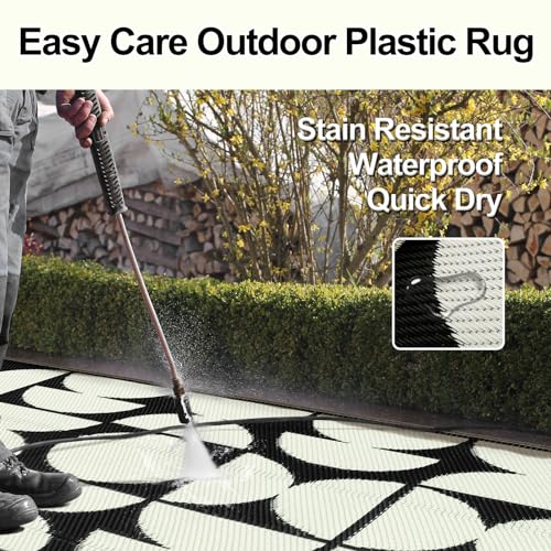 Wonnitar 8x10 Outdoor Rug, Large Waterproof Reversible Outdoor Patio Area Rug, Indoor/Outdoor Plastic Straw Portable Camping Rug for Outside RV Balcony Garden Deck (Black & White,8'x10') - color: Black & White, size: 8' X 10' (Rectangular)