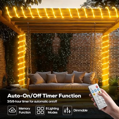 ICRGB Solar Rope Lights Outdoor, 66FT 200LED Christmas Fairy Light with Remote, IP67 Waterproof Solar String Lights, Timing & 8 Modes, Outdoor Light for Garden Patio Porch Pool, Warm White - color: Warm White, size: 66FT