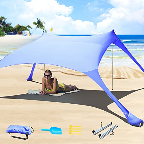 77 FT Beach Tent Sun Shelter UPF50+ UV Protection, Outdoor Canopy Tent Sun Shade with 2 Poles for Camping, Fishing, Backyard and Picnics with Sandproof Beach Blanket Royal Blue - color: Royal Blue