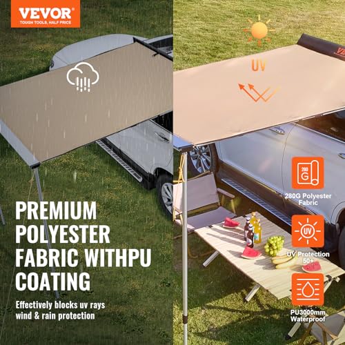 VEVOR Vehicle Awning 6.6'x8.2' Roof Rack Pull-Out Sun Shade UV50+ PU3000mm, Retractable Weatherproof 4x4 Side Awning for SUV Outdoor Camping & Overland (Hardware Included), w/Waterproof Storage Bag - color: Khaki 6.6X8.2ft Car Awning