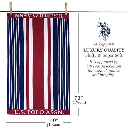 U.S. Polo Assn. Oversized (40” x 70”) Striped Nautical Design Beach Towel - Luxury Plush Cotton Hotel Quality for Bath, Pool - Blue/Red/White - color: Blue/Red/White, size: 40" x 70"