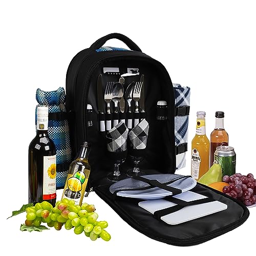apollo walker Picnic Backpack Bag for 2 Person with Cooler Compartment, Detachable Bottle/Wine Holder, Fleece Blanket, Plates and Cutlery Set - color: Black1, size: 2 Person