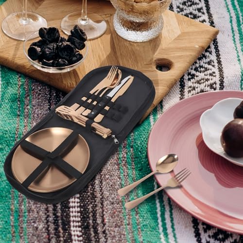 KICHOUSE 10pcs Gold Stainless Steel Outdoor Camping Flatware Set with Portable Storage Bag, Picnic Serving Silverware and Travel Utensils for Hiking and Outdoor Dining