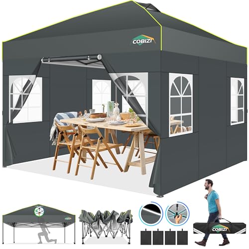COBIZI 10x10 Pop up Canopy Tent with Sidewalls One Person Setup, Easy Outdoor Commercial Event Gazebo Shelter Enclosed Waterproof with Air Vent, 4 Sandbags for Garden,Party,Grey - color: Grey(1-year warranty), size: 10x10
