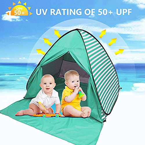 Pop Up Beach Tent Shade Sun Shelter UPF 50+ Canopy Cabana 2-3 Person for Adults Baby Kids Outdoor Activities Camping Fishing Hiking Picnic Touring (Lake Green Stripes) - color: Lake Green Stripes