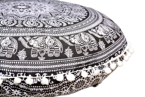 CRAFT KALA 32" Large Round Bohemian Floor Pillow Cover Boho Pouf Cover Mandala Meditation Room Pillows Cover Adults Seating Poufs Cushion Cover for Kids Reading Playroom Black Elephant Flower - color: Black and White Elephant