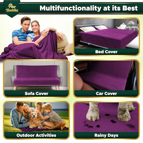Paw Buddies Premium Waterproof Blanket 80"x90" Velvet-Feel Reversible Throw – Leakproof, Machine Washable Bed & Sofa King Size Protector for Couples, Pets & Travel + Bonus Small Blanket - color: Purple