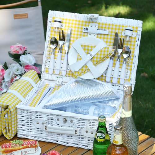 Neti Neti Wicker Picnic Basket for 4 with Insulated Cooler & Waterproof Blanket – Large Willow Picnic Hamper for Outdoor, Camping, Beach, Romantic Dates, Valentine’s Day - color: Yellow Plaid