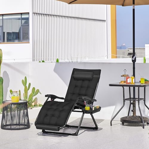 Yaheetech 29" Zero Gravity Chair Folding Reclining Lounge Recliner with Removable Pad & Headrest & Side Cup Holder Tray for Indoor and Outdoor Black/1 - color: Black, size: 29"