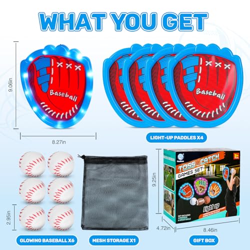 CozyBomB Toss and Catch Ball Game Set - Toddler Sports and Outdoor Toys, Sticky Baseball Glove Catch Games for Kids, Birthday Gifts for 3-10 Year Old Boys Girls (4 LED Paddle 6 Balls Vibration Flash)