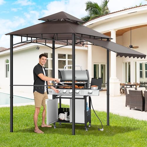 TITIMO 8'x 8' x 7.8' Double Tiered Grill Gazebo with Side Awning,Outdoor Patio BBQ Pergola, Heavy-Duty Metal Frame Canopy Tent with Side Shelves,Hooks,Bottle Opener for Lawn Deck and Garden (Brown) - color: Brown
