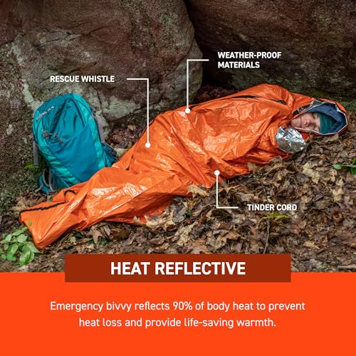Survive Outdoors Longer 90% Emergency Bivvy - Comes with Survival Whistle & Tinder Paracord Drawstring - Add to Emergency Kit & Hiking Gear - Waterproof, Windproof & Tear-Resistant - color: Orange