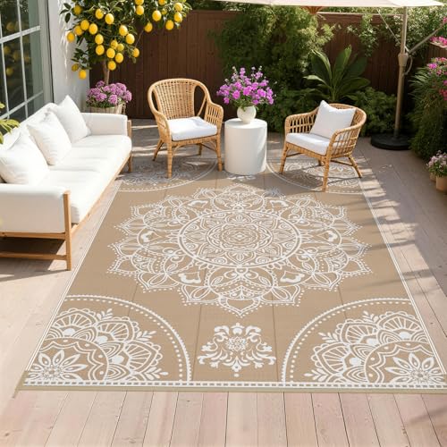 Pauwer Waterproof Outdoor Rug 6x9, Reversible Plastic Straw Patio Camping Rug, Indoor Outdoor RV Mat Carpet for Deck, Camper, Porch, Balcony, Backyard, Picnic, Floral Brown - color: Floral Brown, size: 6' x 9' (Rectangular)