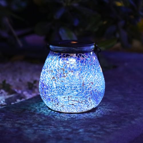 Afirst Mosaic Solar Lanterns Outdoor - Glass Hanging Solar Lights Hollow Out Waterproof Table Lamp Outdoor Decorative for Garden, Patio, Holiday Party Outdoor Decoration - style: ice-blue