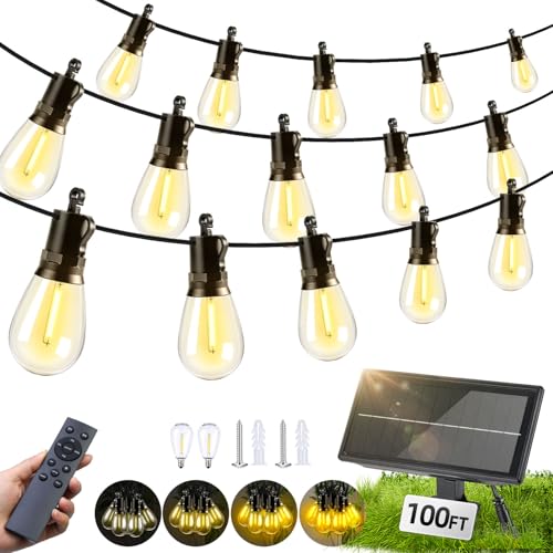 Solar Lights Outdoor Patio Lights: S14 30M 100FT Solar Powered Remote Control 3 Light Modes Dimmable Solar Waterproof Light - Shatterproof Bulbs - Camping Backyard Garden Deck Outside Yard - style: 100FT-Remote