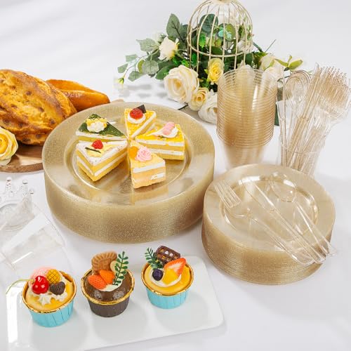 150 PCS Gold Glitter Disposable Dinnerware Set for 25 Guests, Plastic Plates for Party, Including 25 Dinner Plates, 25 Salad Plates, 25 Cups, 25 Forks Knives Spoons for Wedding and Party Supplies - color: Gold Glitter, size: 25 Guests