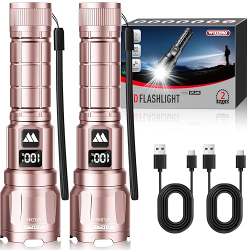 WdtPro LED Rechargeable Flashlight 2 Pack, 3 Modes Super Bright High Lumens Flashlights, Zoomable Tactical Flash Light with LCD Display, IP65 Waterproof Flashlights for Home Emergency Camping - Pink - color: Pink