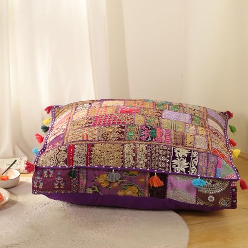 THE ART BOX Cotton Patchwork Vintage Boho Embroidered Floor Pillows & Cushion Cover Dog Pouf Seating Pouf Meditation Pillow Pet Bedding Cat Bed Boho Home Décor (35x35 Inches, Cover Only) - color: Purple