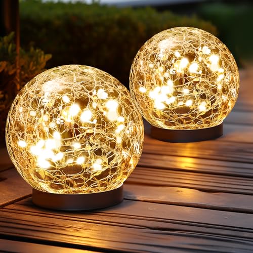 JKIMK Solar Globe Lights Outdoor Waterproof-Solar Balls Garden-Cracked Glass Ball Solar Lights Outdoor-Solar Orbs Outside-Outdoor Decorations Patio & Yard Lawn Backyard Decor (GUO-XBQ-5-5-5) - color: Warm White, size: 2 Globes