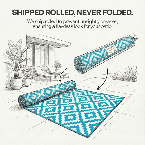 FH Home Outdoor Rug - Waterproof, Fade Resistant, Reversible - Premium Recycled Plastic - Geometric - Porch, Deck, Balcony, Mudroom, Laundry Room, Patio - Aztec - Teal & White Crease Free - 3 x 5 ft - color: Aztec - Teal & White, size: 3' x 5' (Rectangula