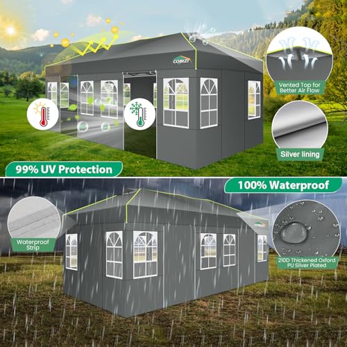 COBIZI 10x20 Pop Up Canopy Tent with 6 Removable Sidewalls, One Push Party Tent Outdoor Waterproof Event Canopy with Air Vent for Parties Commercial Wedding, 3 Height, Carry Bag, Sandbag, Gray - color: Gray, size: 10x20【with 6 Sidewalls】