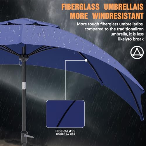 Outdoor Patio Umbrella, Table Umbrella with Push Button Tilt and Crank, 8 Ribs Market Umbrella - color: Dark Blue-Fiberglass Ribs, size: 10FT