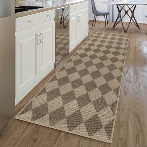 Rugalia Easy Jute Checkered Runner Rug, 2.6x8 Brown Modern Washable Rugs Runner for Hallway Non-Slip Kitchen Runner Rug, Geometric Diamond Indoor Outdoor Carpet for Porch Laundry Entryway - color: Brown Checkered, size: 2.6' x 8' (Runner)
