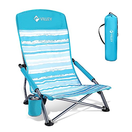 VILLEY Low Beach Chair, High Back Folding Chair for Adults, Lightweight and Portable for Outdoor, Camping, Lawn, Music Festival, with Cup Holder and Carry Bag - Blue Stripes - color: Blue Stripes