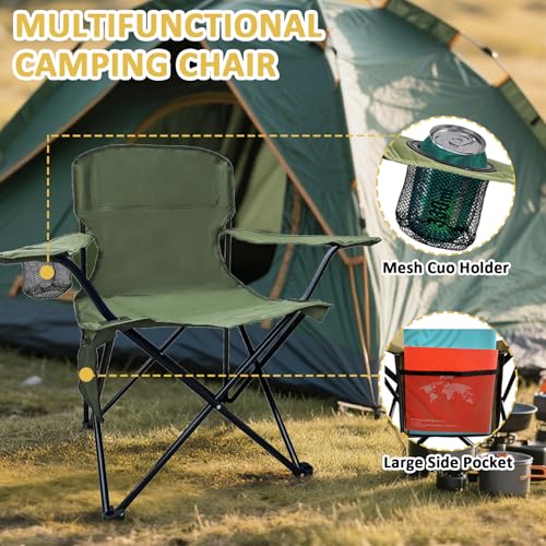 Folding Camping Chair with Cup Holder & Storage Bag, 225lbs Capacity, Large Anti-Sink Feet, Breathable PE Coated Fabric for Outdoor, Hiking, Beach, Fishing, Backpacking, Green - color: Green, style: 1PACK