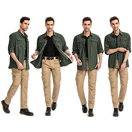 Mens Safari Shirts Long Sleeve UV Protection Hiking Fishing UPF 50+ Quick Dry Camping Travel Shirts - color: Army Green, size: Small