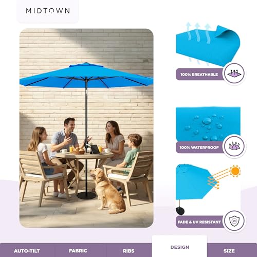 Midtown Umbrellas - 10-Year-No-Fade 8 Ft Patio Umbrella with Terylast Fabric, Auto-Tilt Aluminum Frame and 8 Reinforced Ribs for Deck, Pool, Garden & Beach - Cobalt Blue Canopy, Black Pole - color: Terylast Fabric - Cobalt, size: 8 Foot