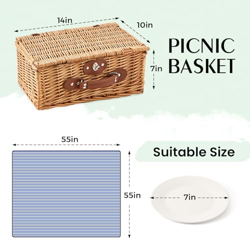Willow Picnic Basket Set for 2 with Large Insulated Bag and Waterproof Picnic Blanket, Wicker Picnic Hamper for Camping, Outdoor, Birthday, Valentine, Navy - color: Navy With Blanket, size: For 2 Persons