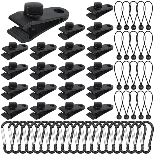 60 Pcs Heavy Duty Tarp Clips, Premium PA Tarp Clamps Kit with Lock Grip, Bungee Cords and Carabiners for Secure Fastening Awning, Swimming Pool Cover, Canopy, Shade Cloth, Camping Tents Accessories