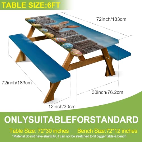 ANNA QUEEN Easter Outdoor Scene 6FT Picnic Table Cover with Bench Covers Set of 3 with Drawstring Bag, Bunny Fence Easter Eggs 72"x30" Waterproof Picnic Tablecloth & Bench Covers - color: #61