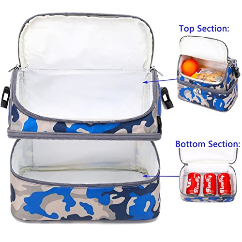 FlowFly Kids Double Decker Cooler Insulated Lunch Bag Large Tote for Boys, Girls, Men, Women, With Adjustable Strap, Blue Camo - color: Blue Camo