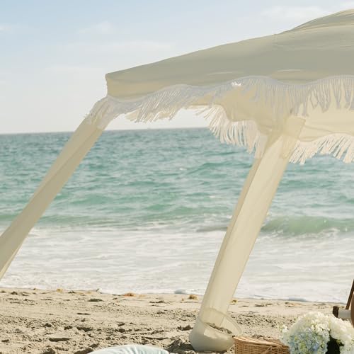 AMMSUN Beach Cabana with Fringe, 7' x 7' Boho Beach Canopy with Tassels, Easy Set up & Premium Wood Pole, Cabana Tent with Sand Pockets, Instant Sun Shade for Sand, Garden, Patio, Beige - color: Beige