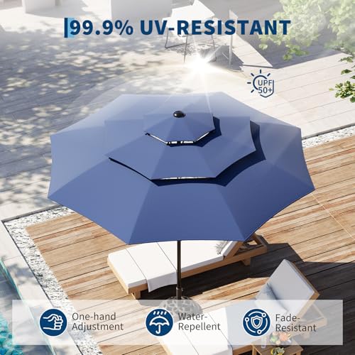 Garvee 10Ft 3-Tier Patio Umbrella, Outdoor Table Umbrella with Vents, Easy Crank and Push Button Tilt, Market Umbrella with 8 Sturdy Ribs for Pool, Deck, Yard, Garden -Navy Blue - color: Navy Blue, size: 10FT
