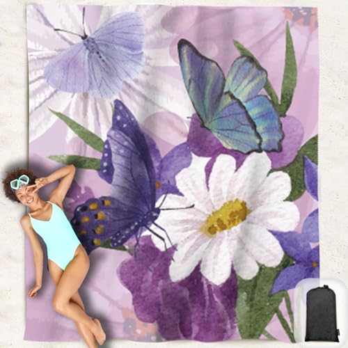Beach Blanket Waterproof Sandproof Oversized 95”x 80”,Sand Free Beach Mat with Corner Pockets,Portable Mesh Bag for Travel and Outdoor Camping (Dreamsea) (FlowerButterfly) - color: Flowerbutterfly